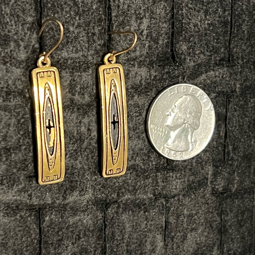 Gold-Tone Rectangular Religious Drop Earrings - G… - image 3